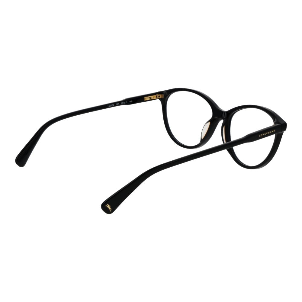 Longchamp Black Women Glasses Frame, acetate full-rim cat eye, demo lenses, size 53-15-140, spring hinge, includes branded case.