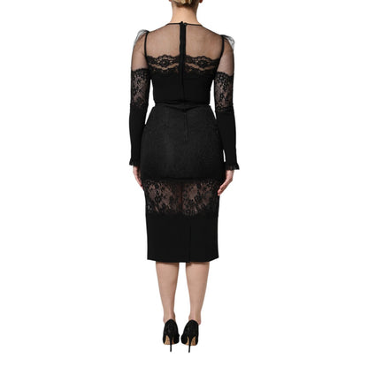 Dolce & Gabbana Black Lace Trim Nylon Tulle SheathMidi Dress