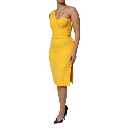 Dolce & Gabbana Yellow One Shoulder Side Slit Sheath Dress in sleek sheath silhouette, perfect for evening events and special occasions.