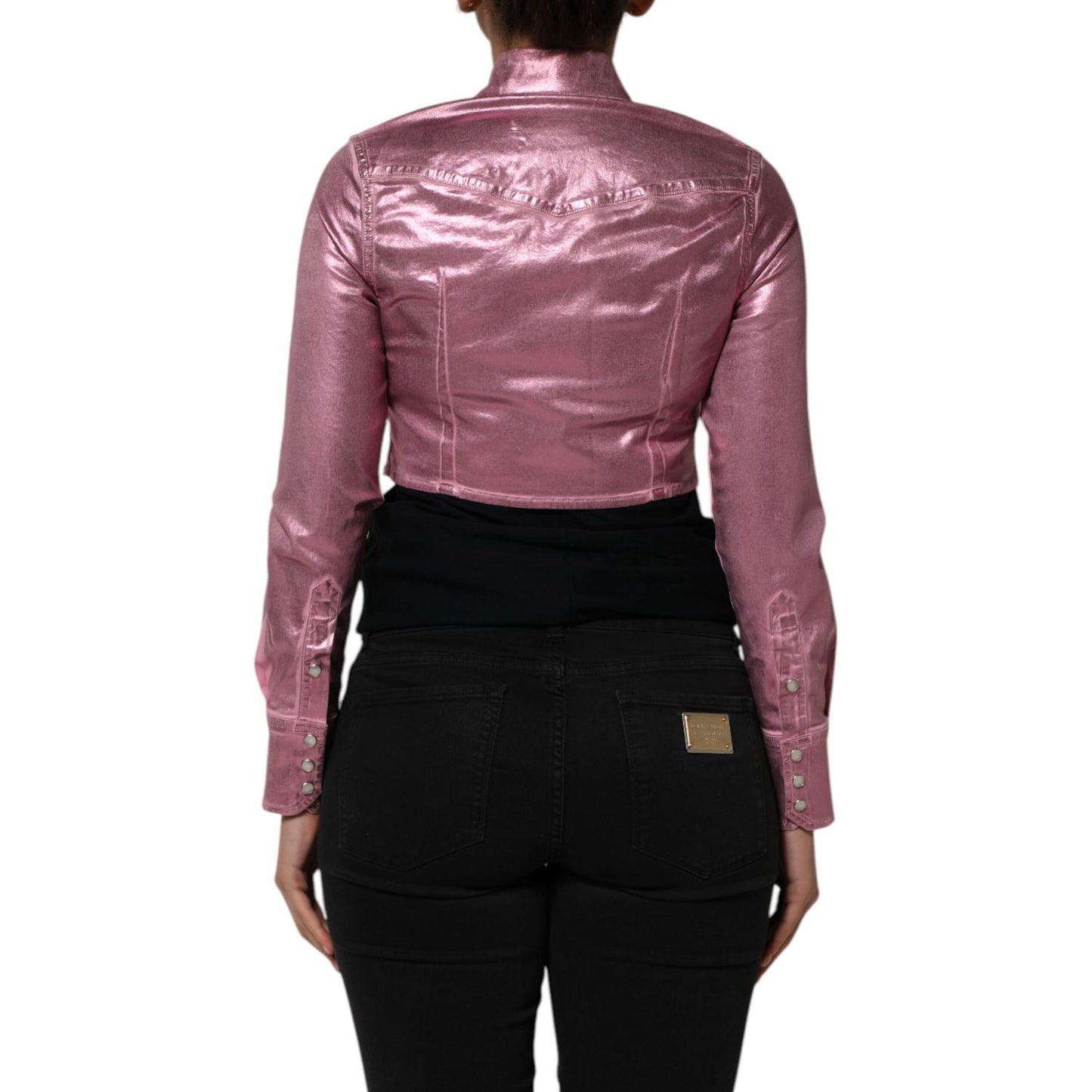 Back view of Dolce & Gabbana Pink Cotton Stretch Collared Cropped Jacket with structured collar and fitted cut, perfect for layering.