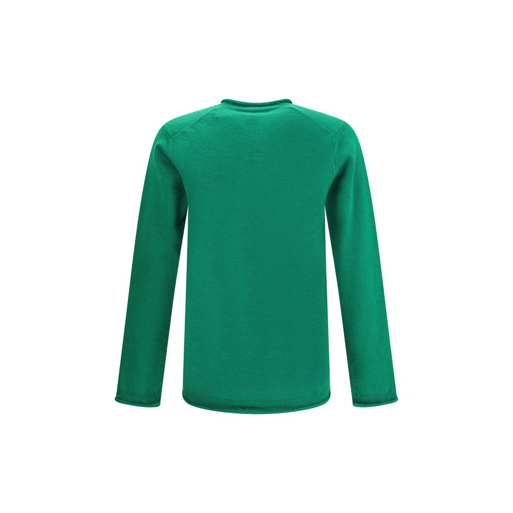 Back view of Comme Des Garçons Green Wool Sweatshirt with ribbed knit texture and long sleeves, showcasing its understated elegance.