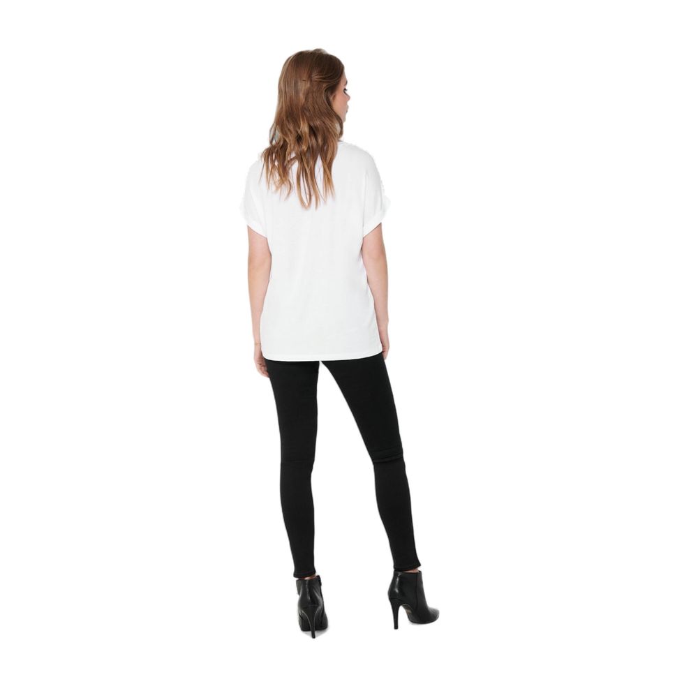 Back view of woman wearing Only White Polyester T-Shirt with black pants and boots, showcasing casual style and comfort.
