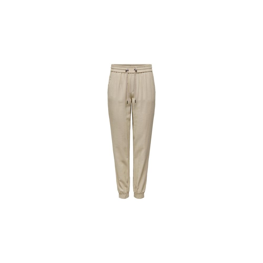 Only Beige Viscose Casual Pants with elastic cuffs and pull-up design, women's clothing made from 92% viscose and 8% polyester for style and comfort.