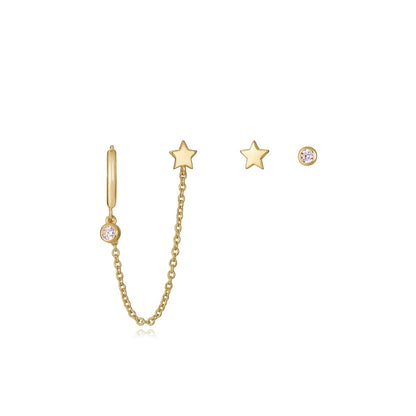 Gold star earrings set with chain and gemstone, perfect accessory for ladies' fashion and style.