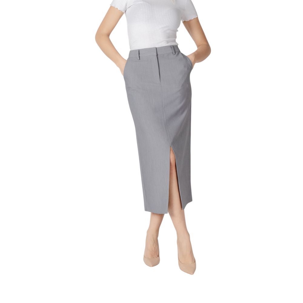 ICHI Gray Polyester Long Skirt