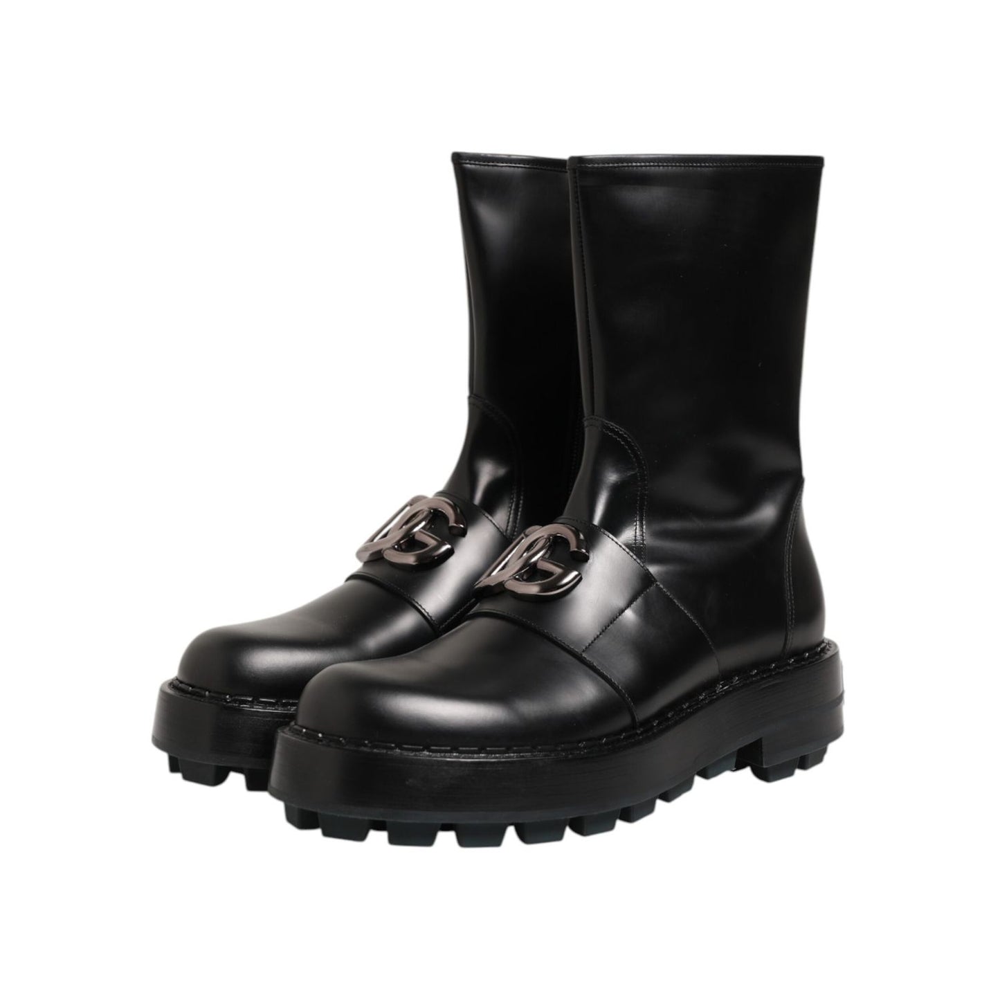 Dolce & Gabbana Black Logo Plaque Mid Calf Biker Boots Shoes