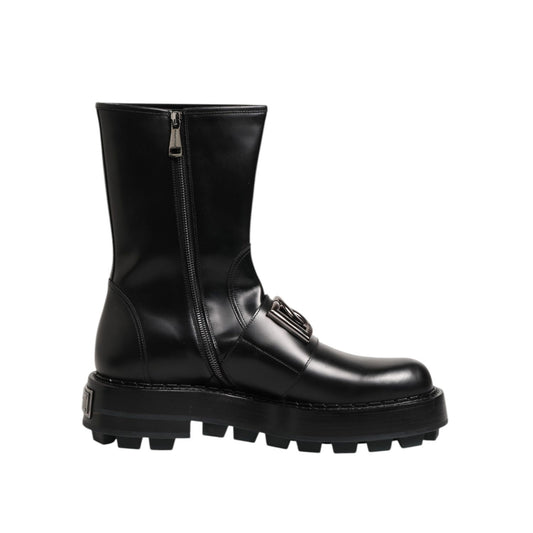 Dolce & Gabbana Black Logo Plaque Mid Calf Biker Boots Shoes