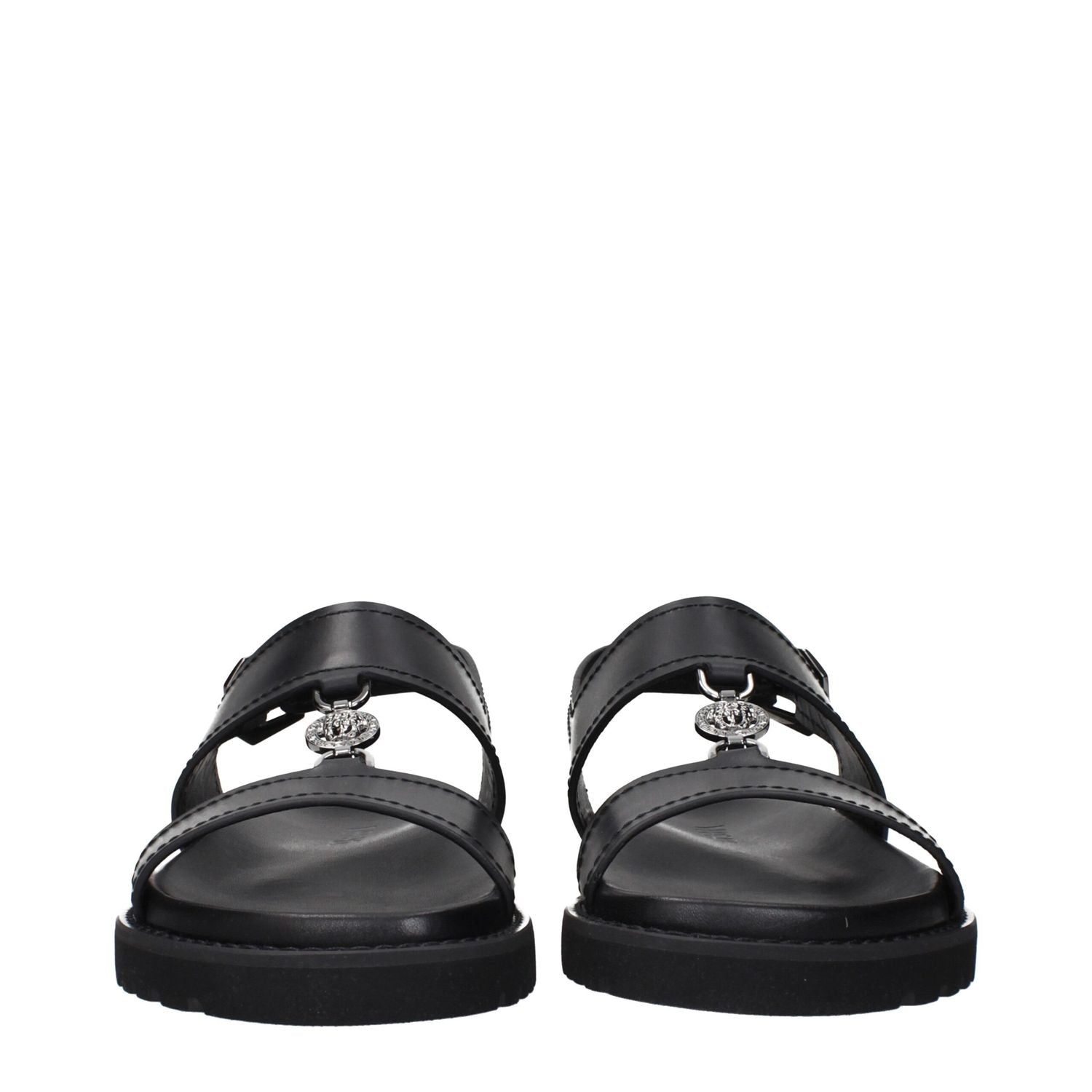Versace Black Leather Flat Sandals