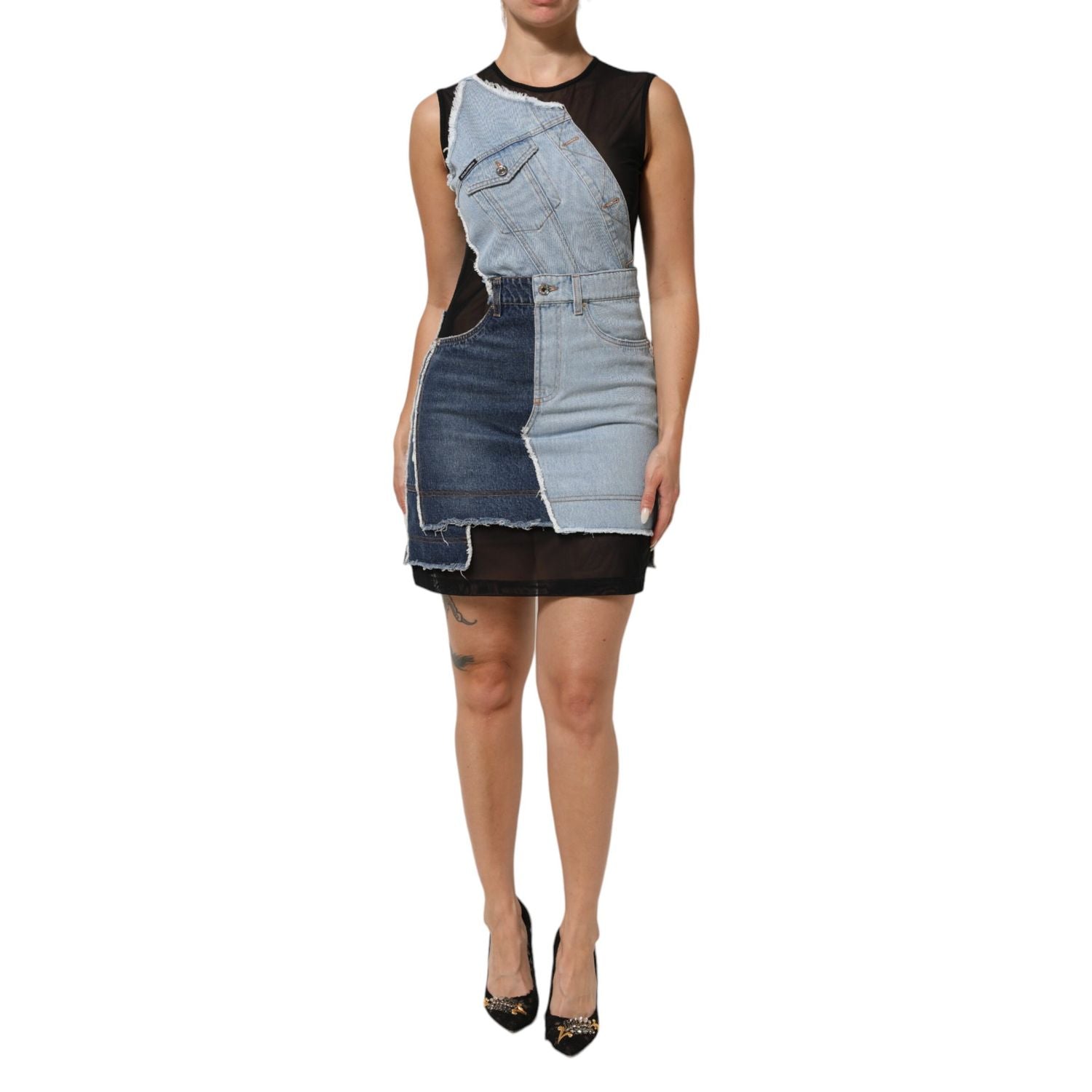 Dolce & Gabbana Blue Nylon Patchwork Denim Sheath Mini Dress