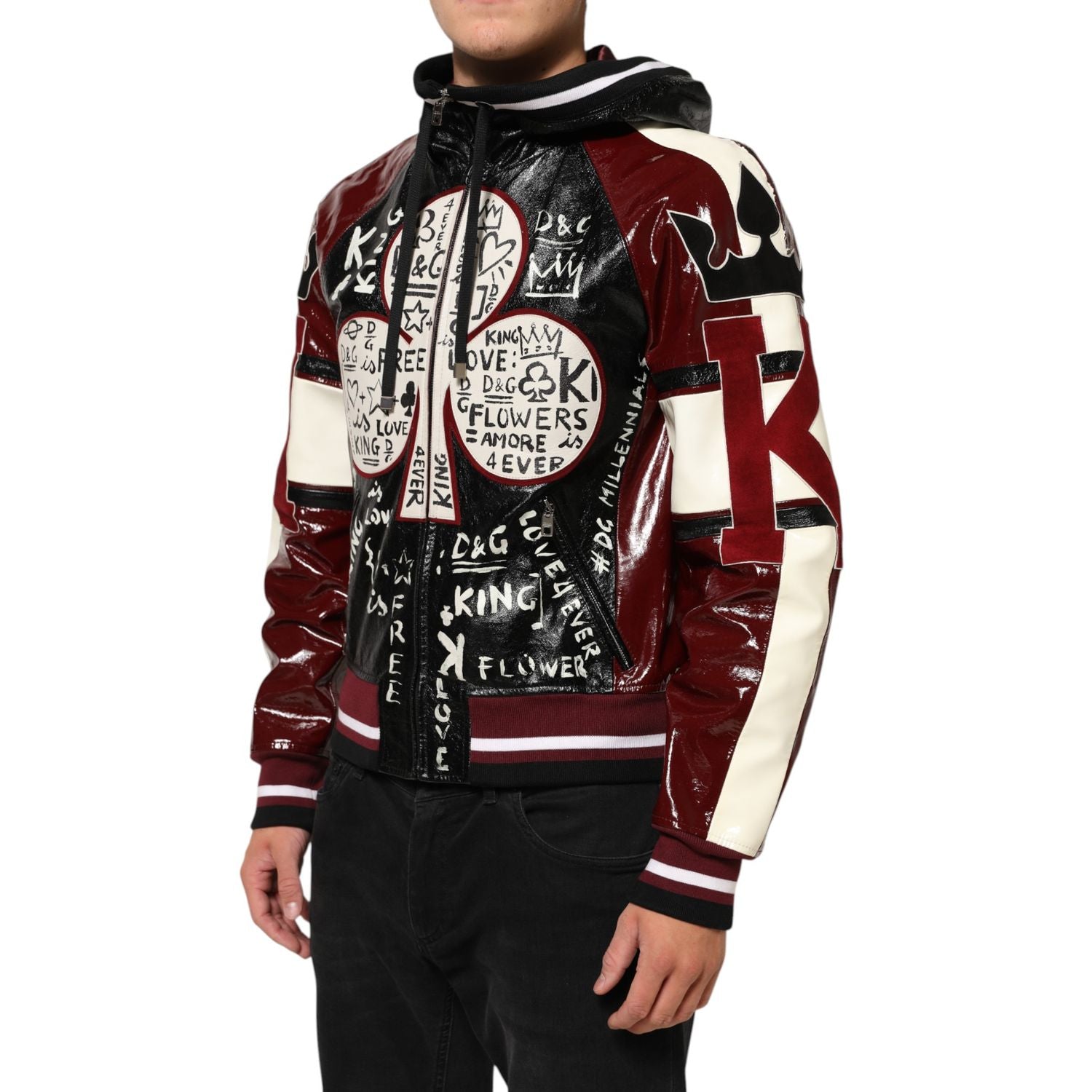 Dolce & Gabbana Multicolor Hooded Leather DG King Men Biker Jacket