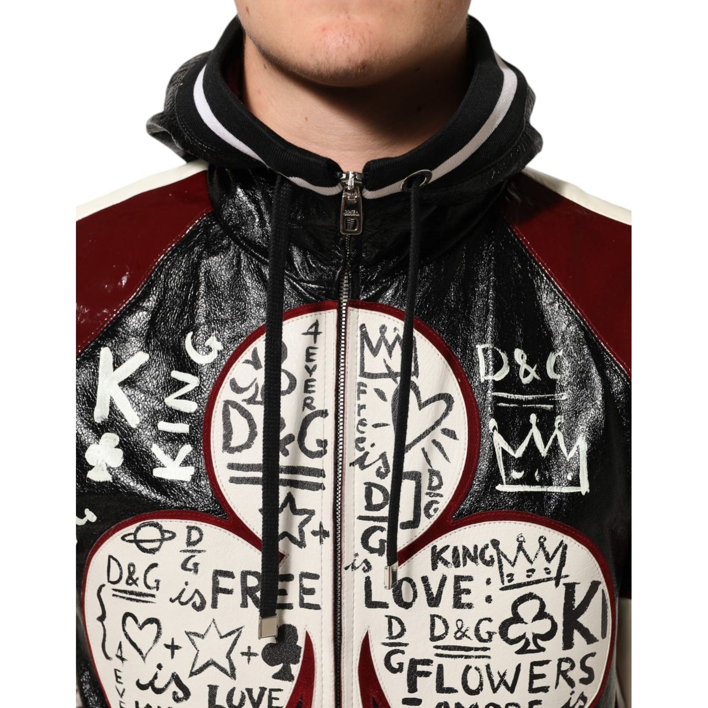 Dolce & Gabbana Multicolor Hooded Leather DG King Men Biker Jacket