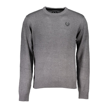 Gianmarco Venturi Gray Cotton Sweater with long sleeves, crew neck, and embroidered logo.