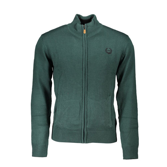 Gianmarco Venturi Green Cotton Sweater with long sleeves, zip, embroidery, pockets, contrast details, and logo.