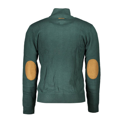 Back view of Gianmarco Venturi Green Cotton Sweater with long sleeves, pockets, zip, embroidery, logo, and contrast elbow patches.