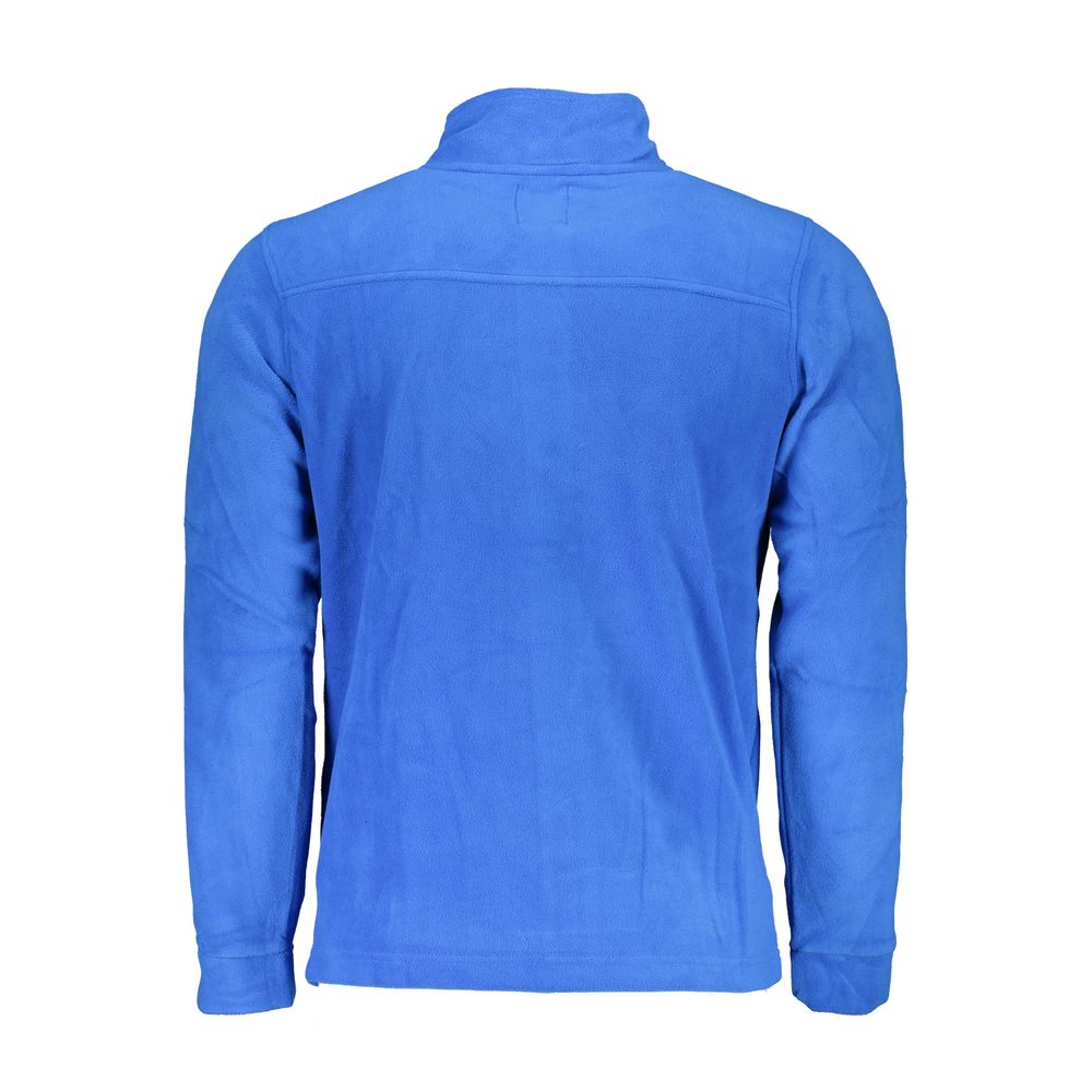 Back view of Gianmarco Venturi Blue Polyester Sweatshirt with long sleeves, two pockets, zip closure, and embroidered logo.
