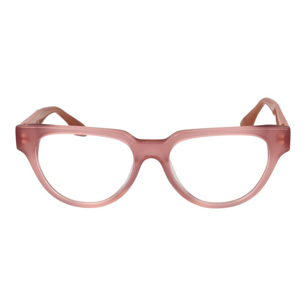 Trussardi Pink Acetate Glasses (Frames) for women in rose color with full-rim panto style, featuring acetate frame and demo lenses.