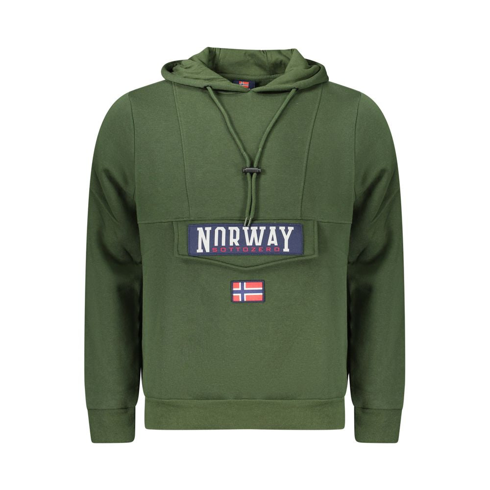 Norway 1963 Green Cotton Sweatshirt with hood, central pocket, applique, logo, zip, Velcro closure. Long-sleeved design.