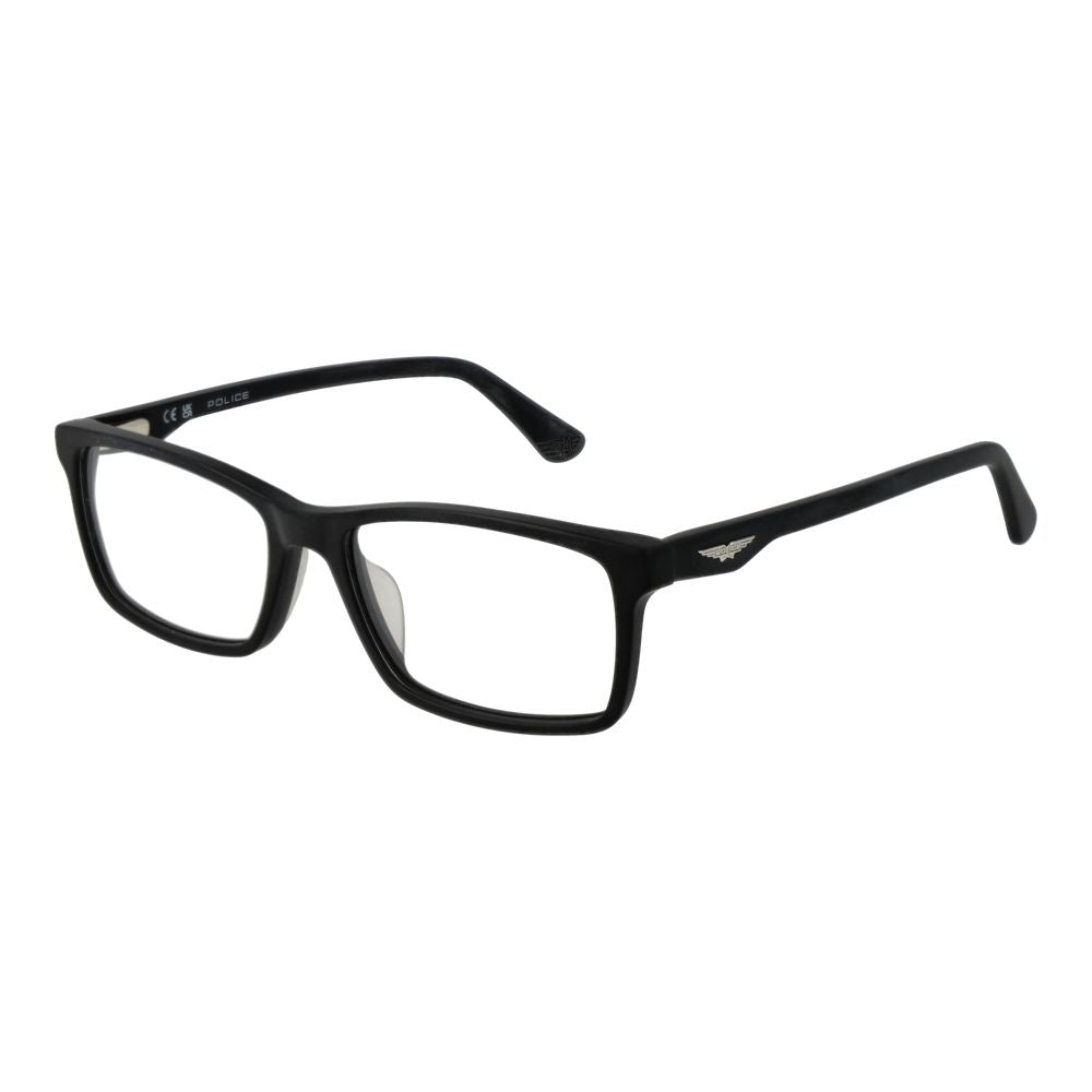 Police Black Cellulose Acetate Glasses (Frames) for men, full-rim rectangle style with spring hinge, demo plastic lenses, 54 size.
