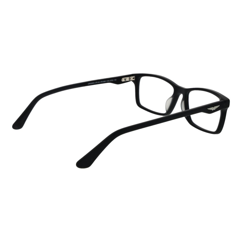 Police Black Cellulose Acetate Glasses (Frames) in full-rim rectangle style with demo lenses, spring hinge, and branded case included.