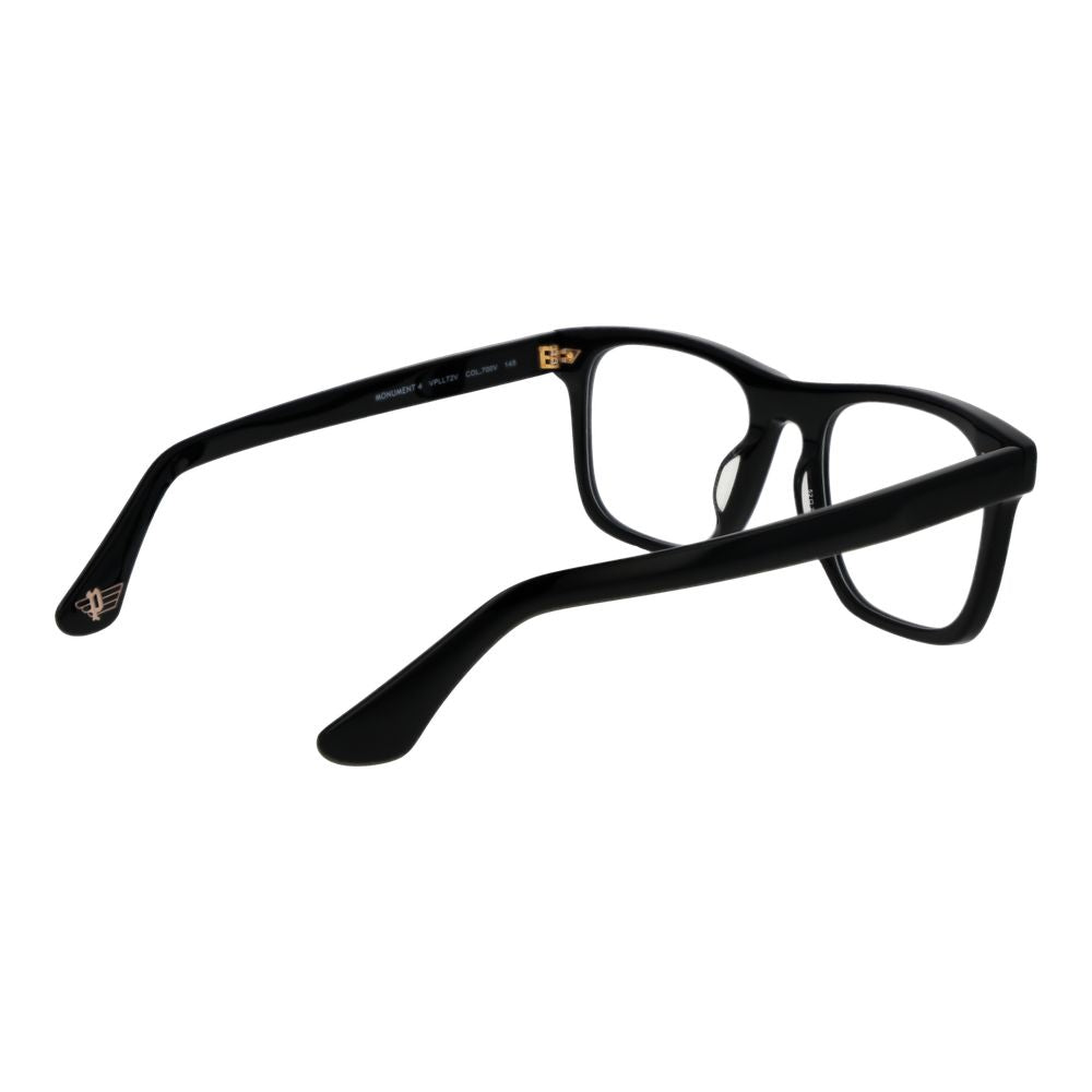 Police Black Cellulose Acetate Glasses (Frames), full-rim rectangle style, black frame and demo lenses, men's eyewear size 52-20-145.