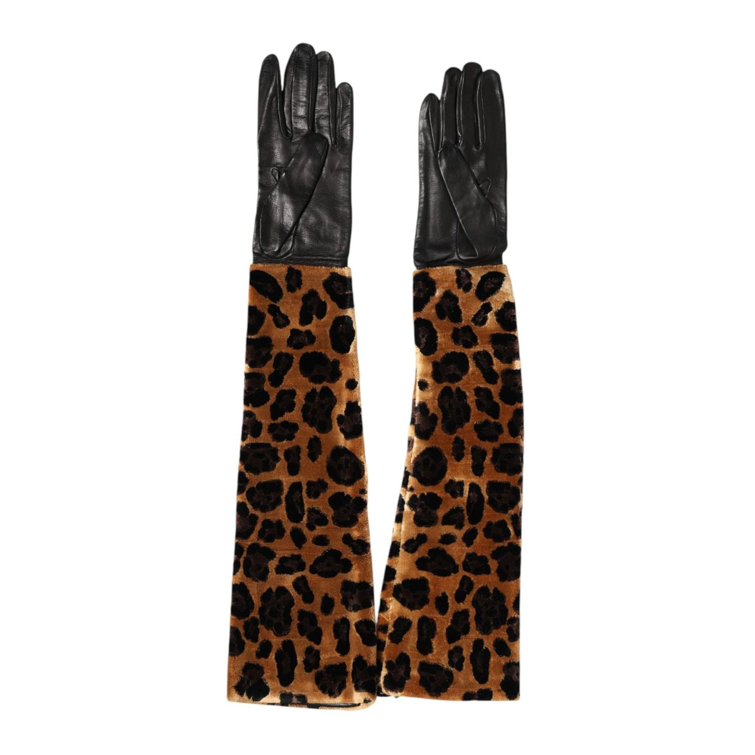 Dolce & Gabbana Brown Black Leopard Leather Elbow Length Mitten Gloves