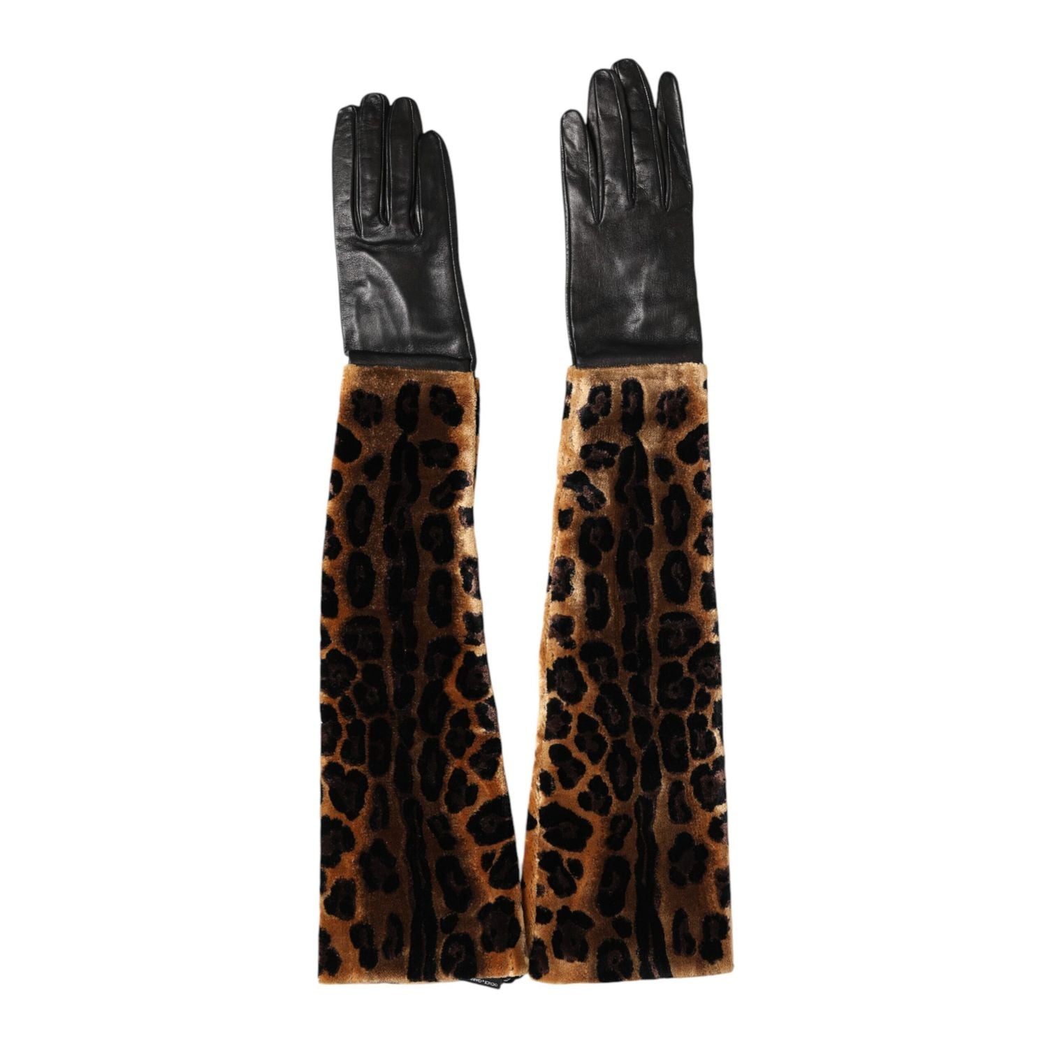 Dolce & Gabbana Brown Black Leopard Leather Elbow Length Mitten Gloves
