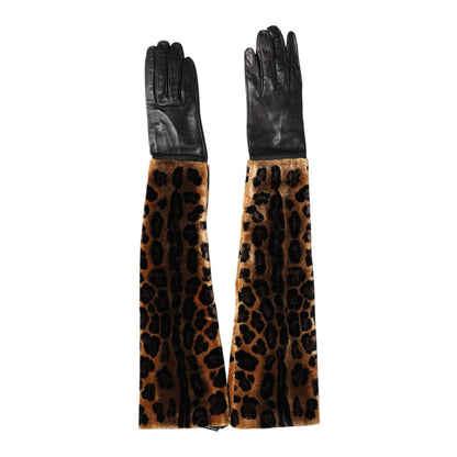 Dolce & Gabbana Brown Black Leopard Leather Elbow Length Mitten Gloves