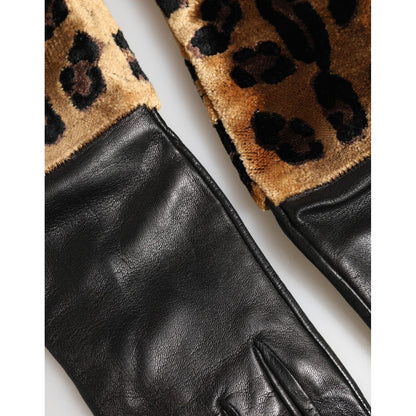 Dolce & Gabbana Brown Black Leopard Leather Elbow Length Mitten Gloves