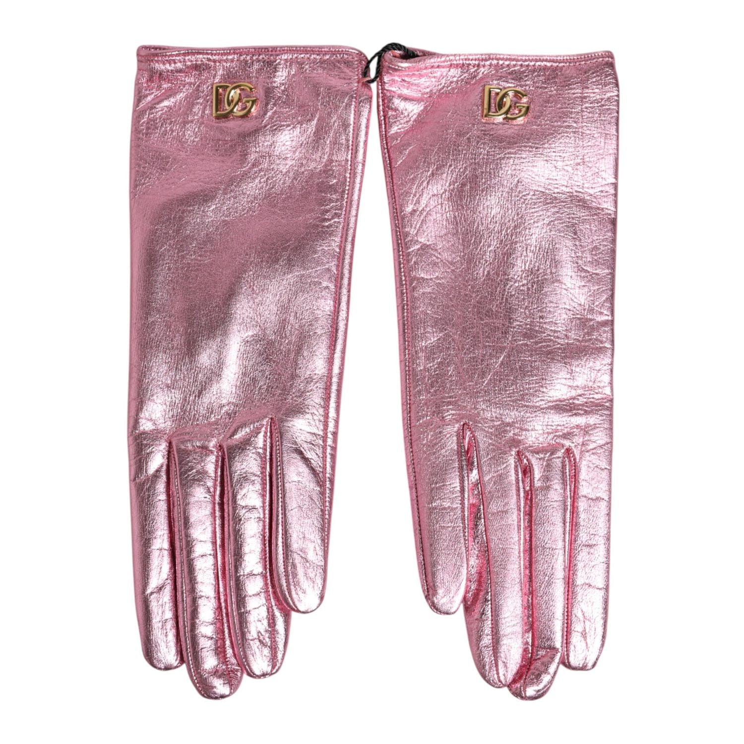 Dolce & Gabbana Pink Leather DG Logo Wrist Length Mitten Gloves