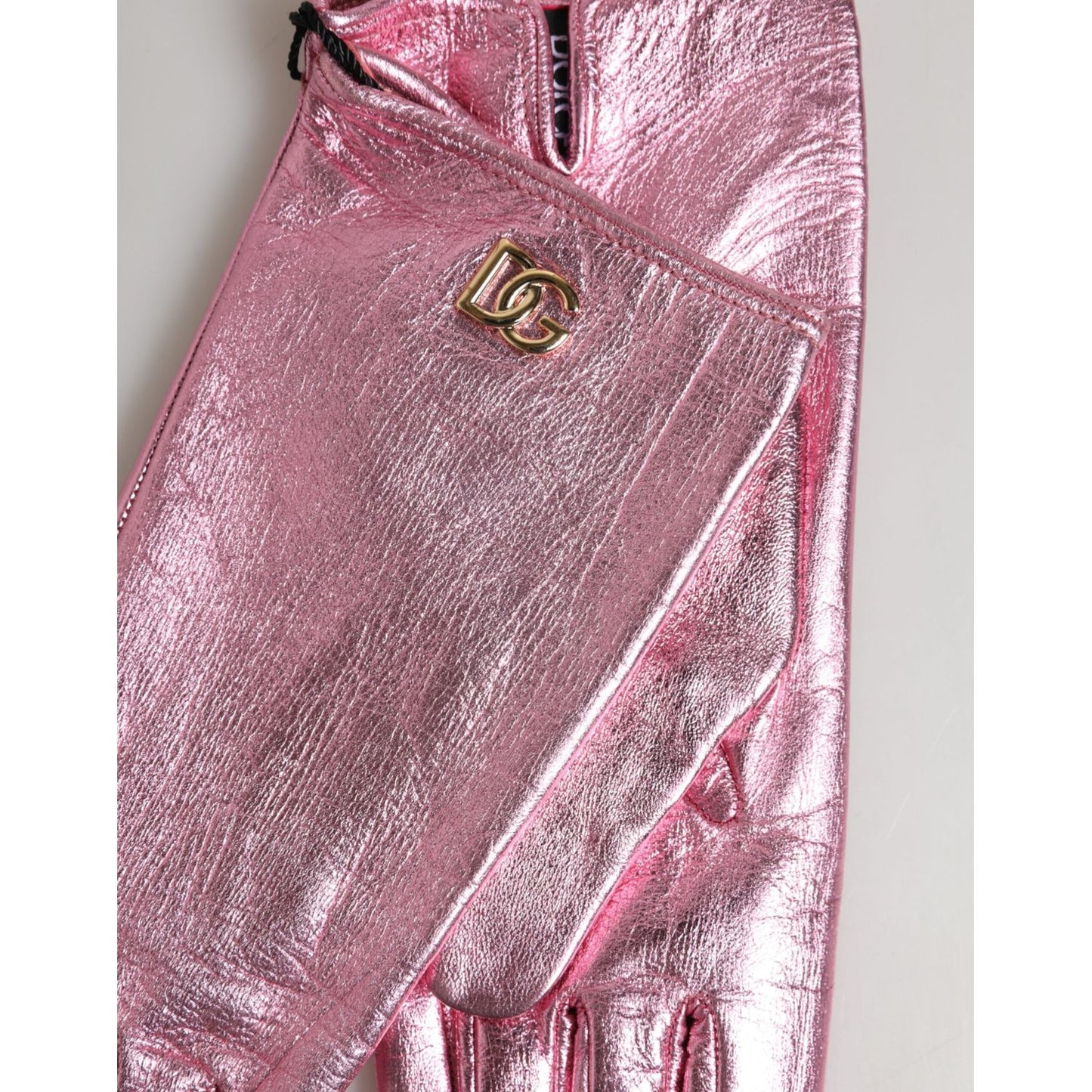 Dolce & Gabbana Pink Leather DG Logo Wrist Length Mitten Gloves