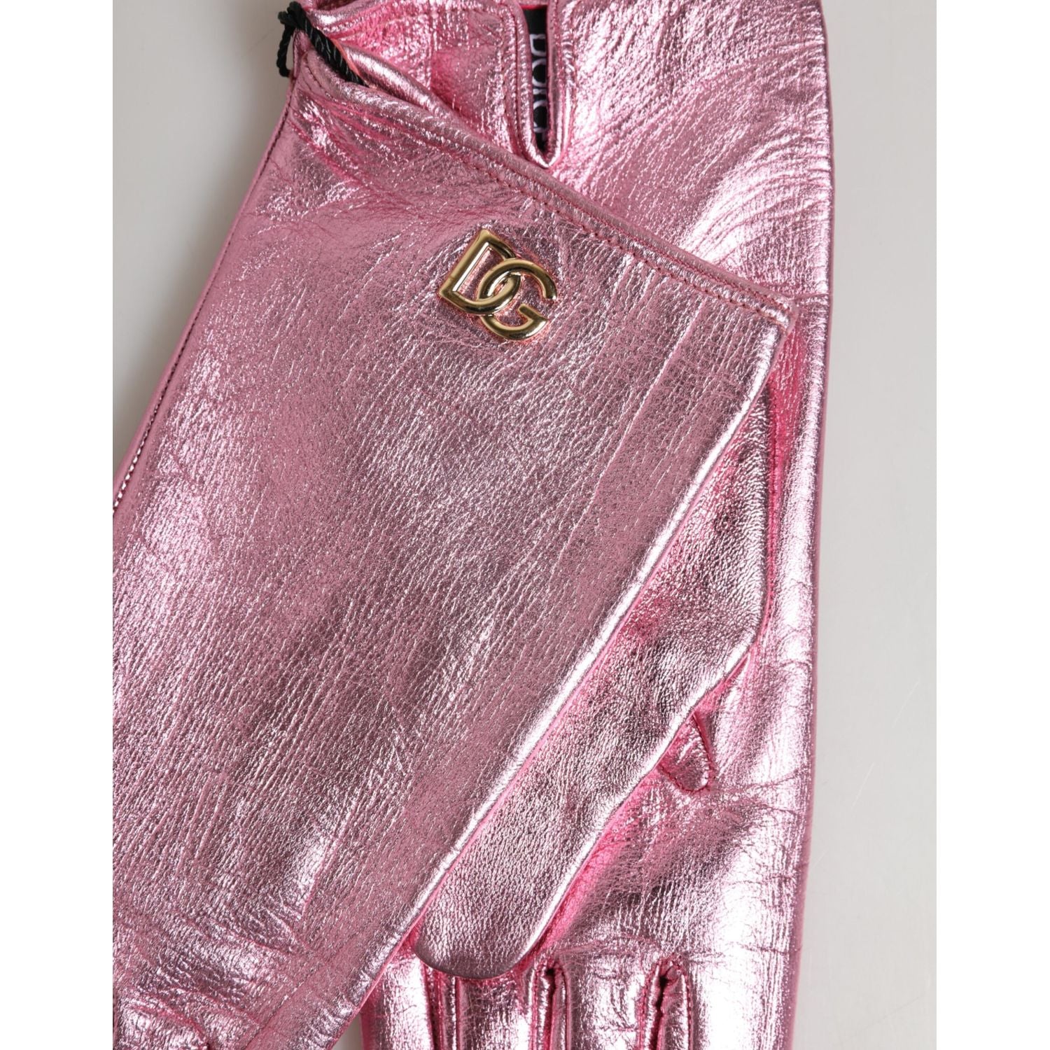 Dolce & Gabbana Pink Leather DG Logo Wrist Length Mitten Gloves