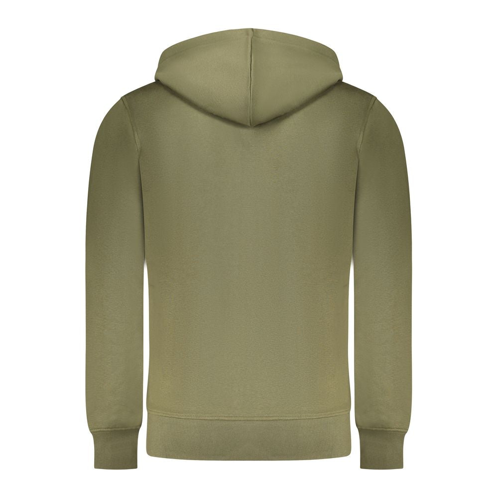 Rifle Green Cotton Men Sweater, back view of long-sleeved hoodie showcasing hood and sleek design with cotton-polyester blend.
