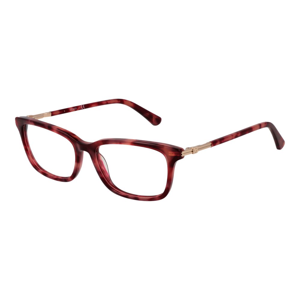 Guess Red Acetate Glasses (Frames) for women, rectangle style, full-rim, red acetate frame, 50-15-140 size with demo lenses.