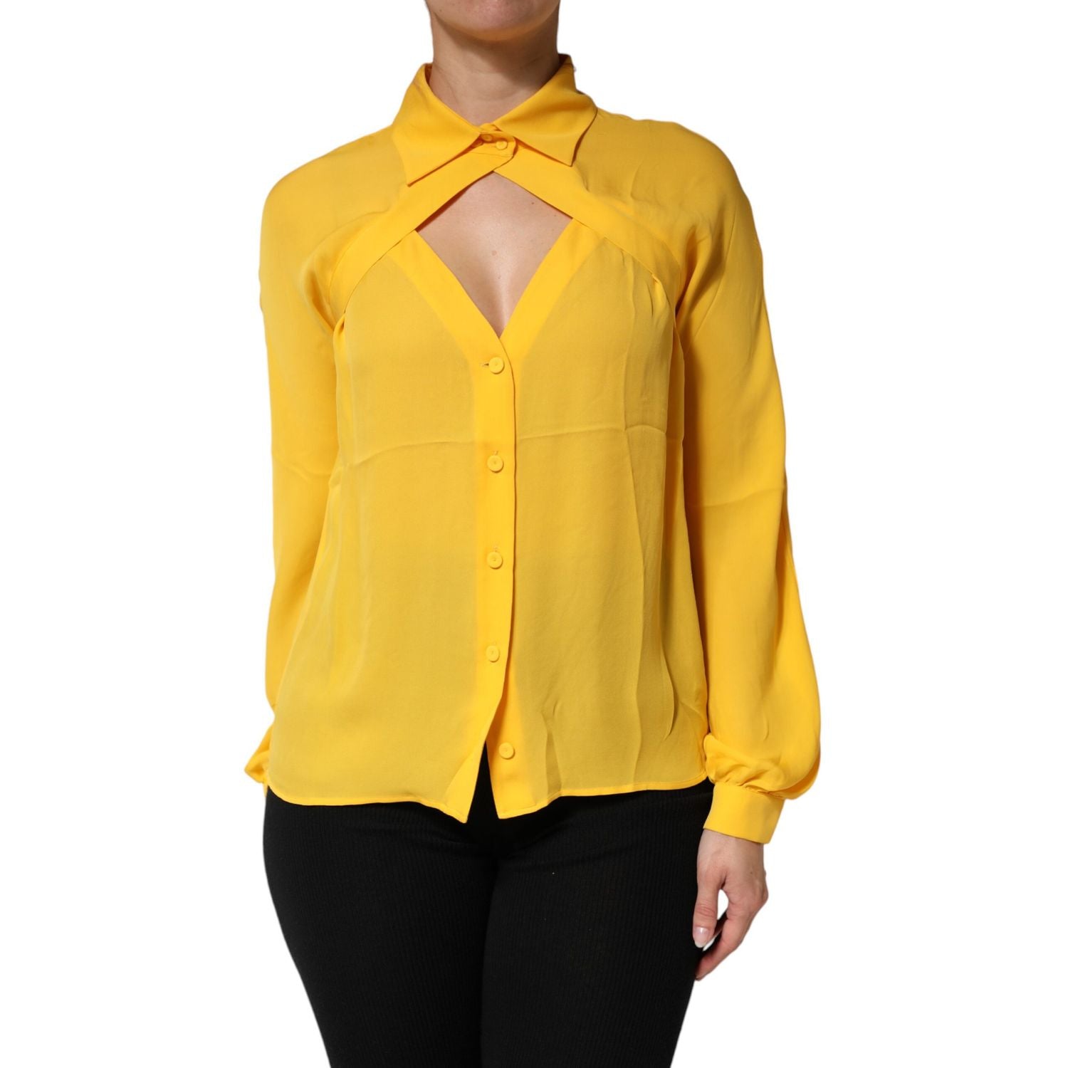 Moschino Couture Yellow Silk Collared Long Sleeves  Top