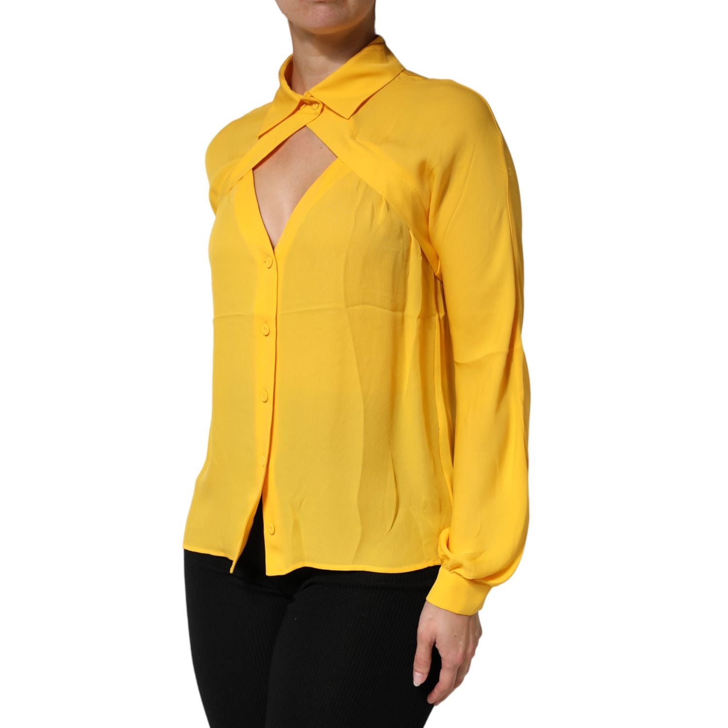 Moschino Couture Yellow Silk Collared Long Sleeves  Top