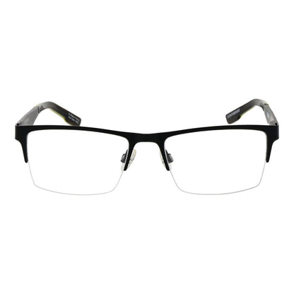 Spy Black Plastic Glasses (Frames) for men, black half-rim rectangle style with spring hinges, size 54-18-140, comes with branded pouch.