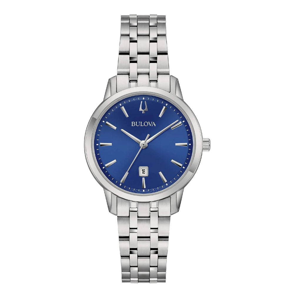 BULOVA Mod. SUTTON lady's wristwatch with stainless steel case and bracelet, blue dial, quartz movement, and official packaging.