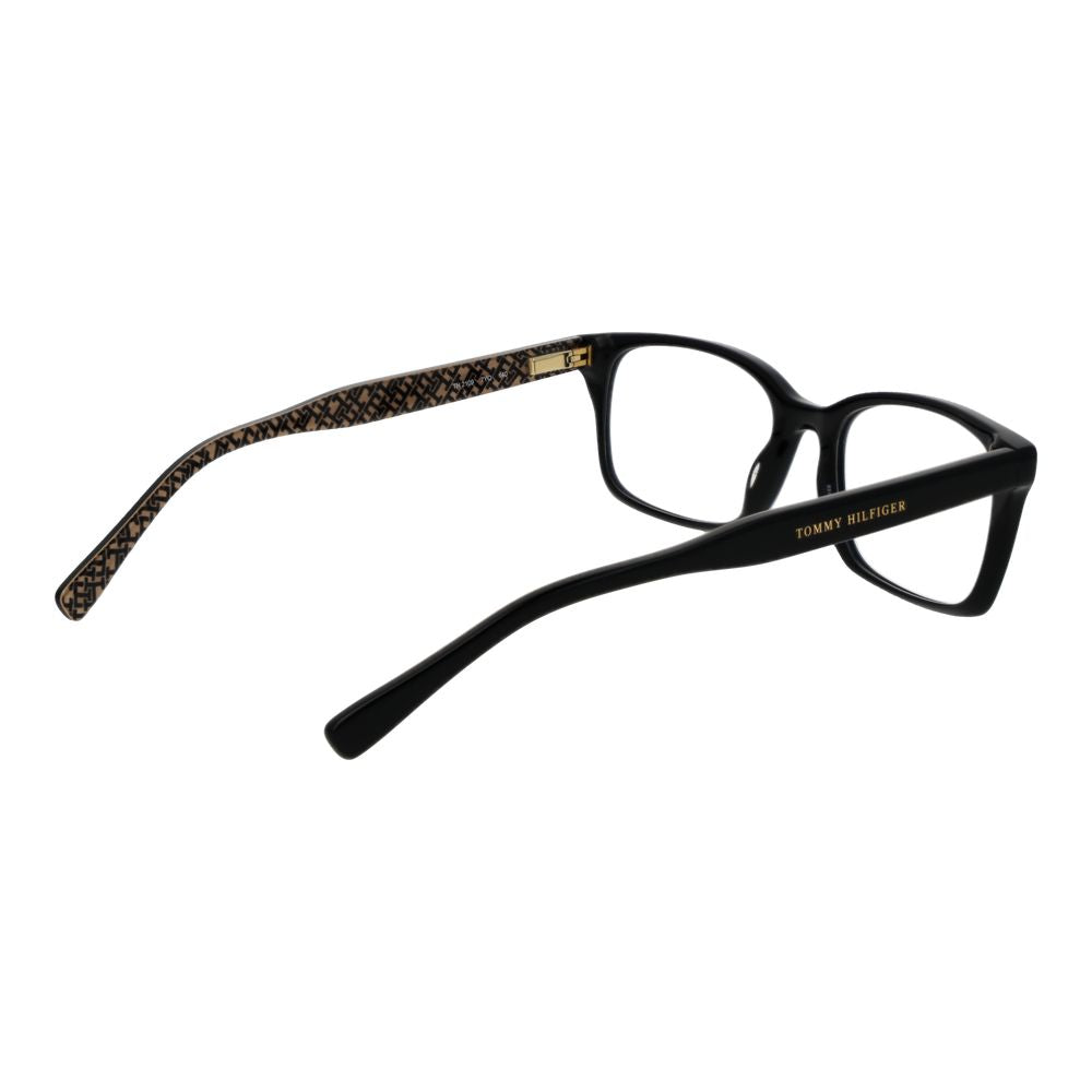 Tommy Hilfiger Black Acetate Glasses (Frames) for women, full-rim rectangle style with acetate material, spring hinge, and demo lenses.