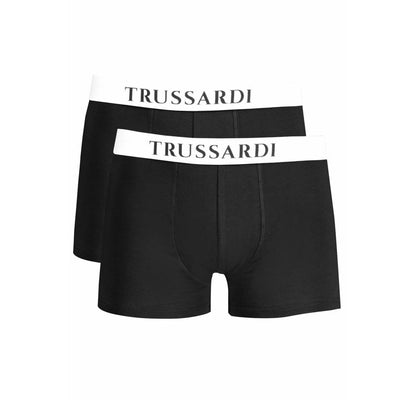 Trussardi Black Cotton Underwear, basic boxer parigamba bi-pack with elastic waistband, featuring logo print.