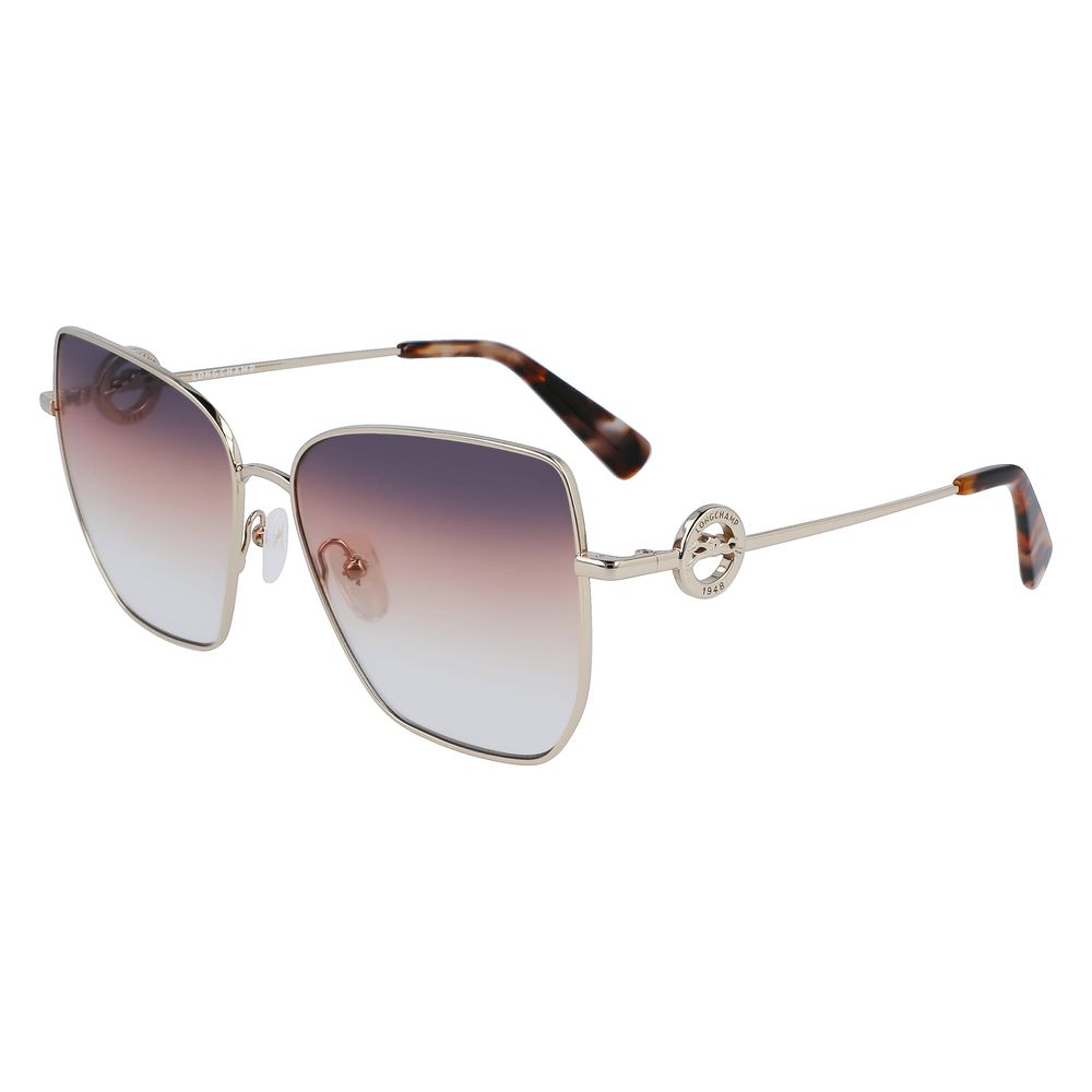 Longchamp Gold Metal Sunglasses with gradient lenses for women, featuring gold metal frame and tortoiseshell temple tips.