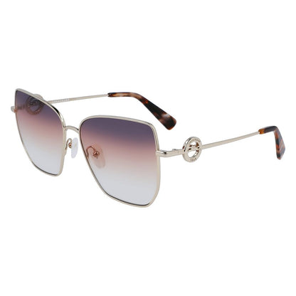 Longchamp Gold Metal Sunglasses with gradient lenses for women, featuring gold metal frame and tortoiseshell temple tips.