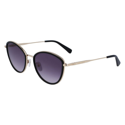 Longchamp Gold Metal Sunglasses with yellow lenses, category 3. Women's eyewear with 54/20/140mm dimensions, elegant and stylish.