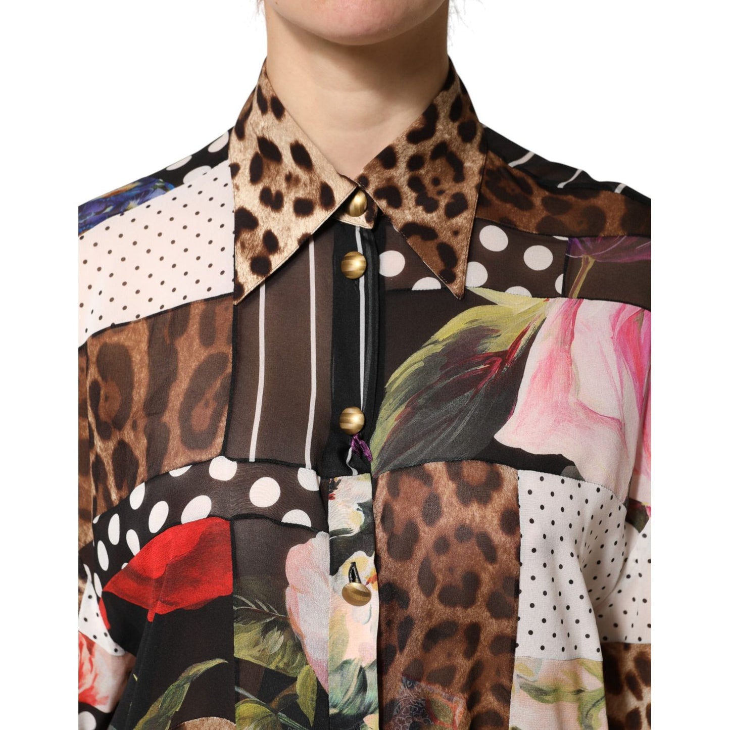 Dolce & Gabbana Multicolor Patchwork Silk CollaredBlouse Top