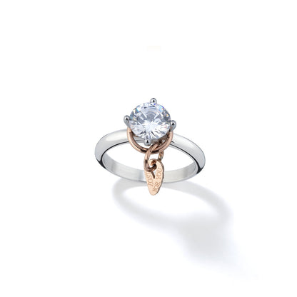 Elegant silver and rose gold ring with a round crystal, AN JEWELS JEWELRY Mod. AL.RLFY01-9, displayed on a white background.