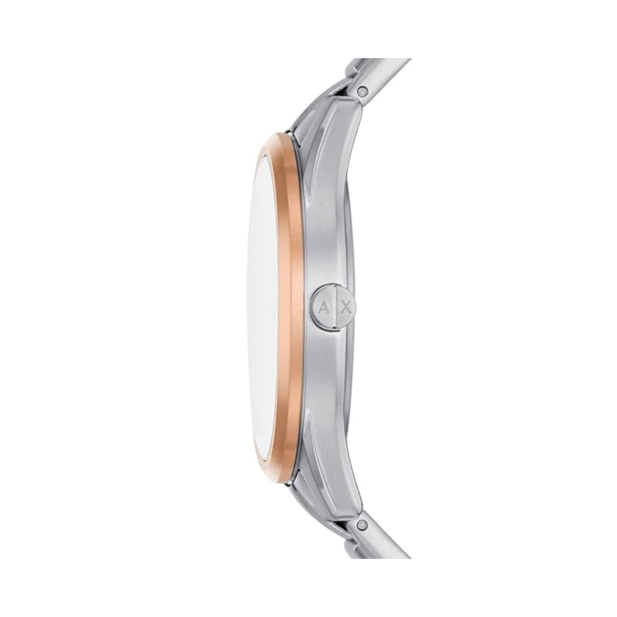 Side view of ARMANI EXCHANGE Mod. AX1870 wristwatch with rose gold IP case and stainless steel bracelet.
