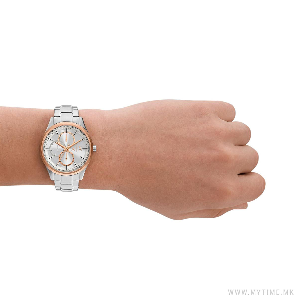 ARMANI EXCHANGE Mod. AX1870 wristwatch featuring SS IP rose gold case, quartz movement, on wrist with official packaging.