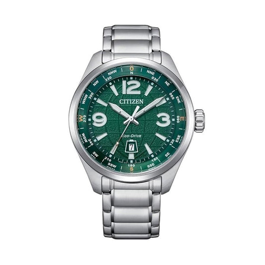 CITIZEN Mod. URBAN TRAVELER watch with green dial and silver bracelet showcasing elegant design and functionality.