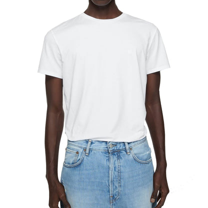 Model wearing Acne Studios White Cotton T-Shirt with short sleeves and face logo, regular unisex fit, shown in size M.