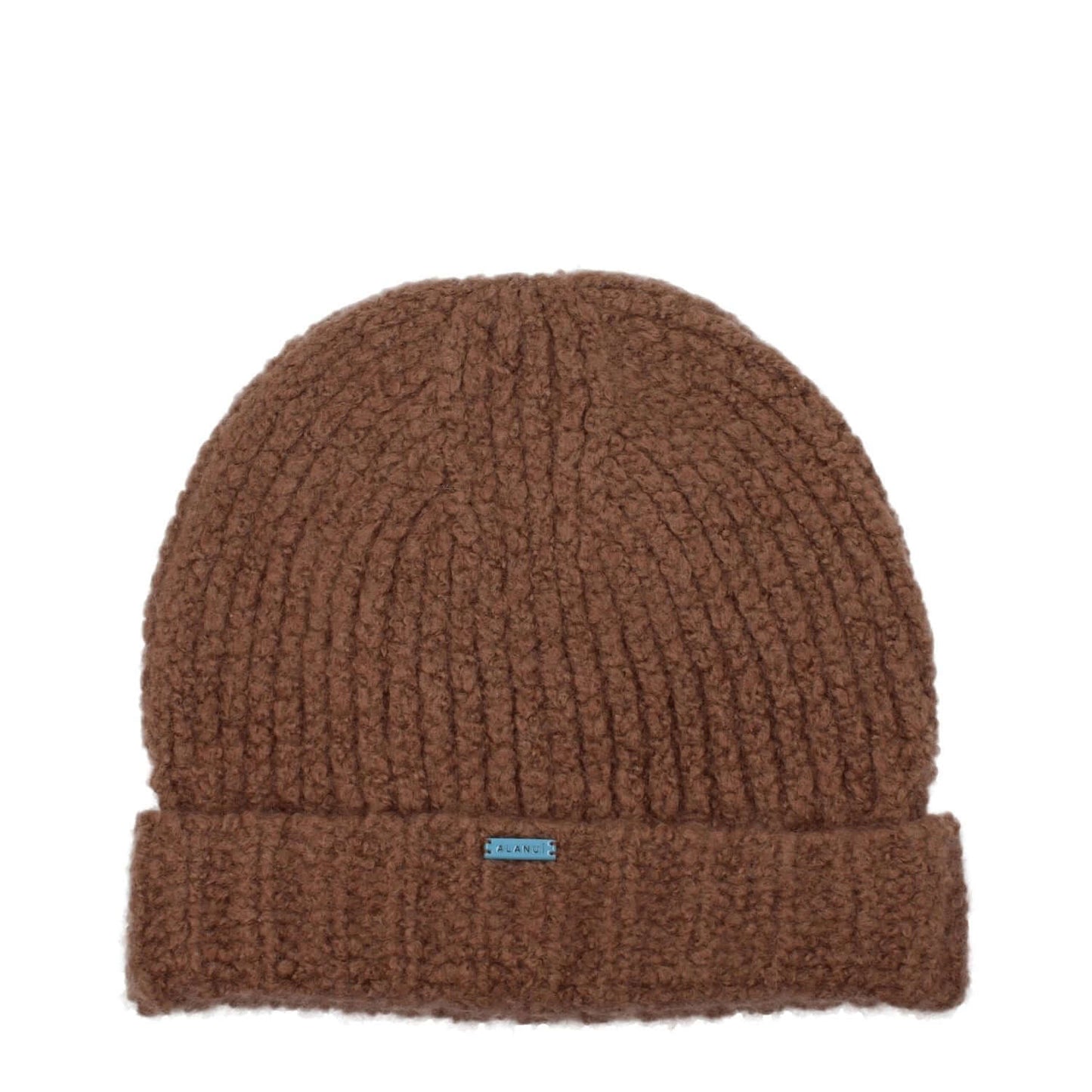 Alanui Brown Cashmere Beanie with front logo, made of 90% cashmere and 10% silk, showcasing casual style.