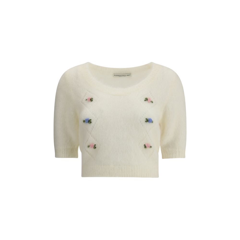 Alessandra Rich White Mohair Sweatshirt with embroidered flowers, round neckline, and ribbed hemline for a romantic touch.